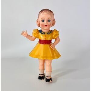 Vintage Celluloid Hard Plastic Walking Doll 1950's Yellow Dress Red Belt